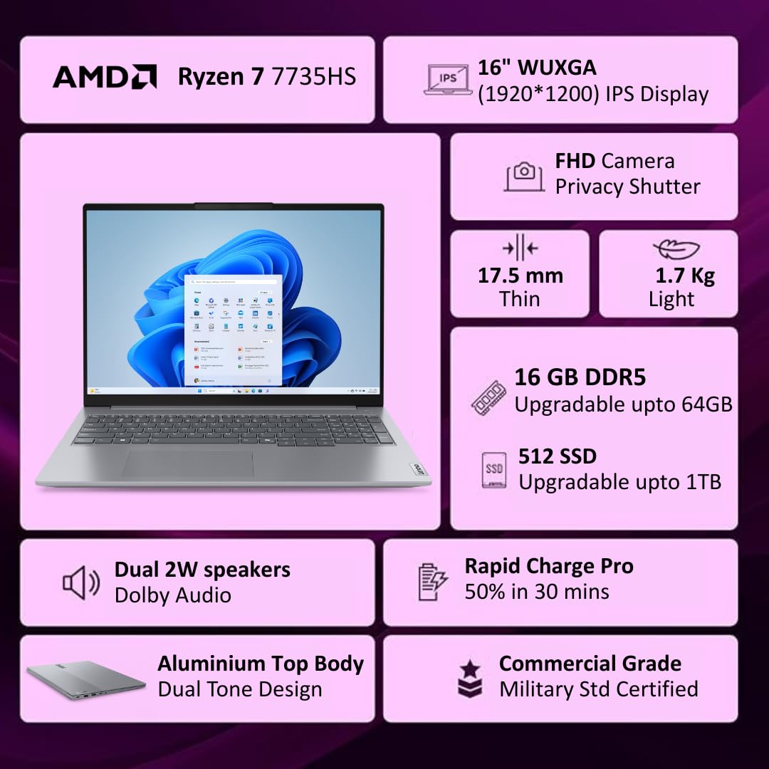 Lenovo ThinkBook 16 AMD Ryzen 7 7735HS (16GB RAM/512GB SSD/Win 11 Home/Office 2024/Backlit Keyboard/Fingerprint) 16" WUXGA IPS 300 Nits Thin & Light Laptop/1Y Warranty/Aluminium Top/1.7kg, 21MWA0R4IN 