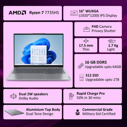 Lenovo ThinkBook 16 AMD Ryzen 7 7735HS (16GB RAM/512GB SSD/Win 11 Home/Office 2024/Backlit Keyboard/Fingerprint) 16" WUXGA IPS 300 Nits Thin & Light Laptop/1Y Warranty/Aluminium Top/1.7kg, 21MWA0R4IN 