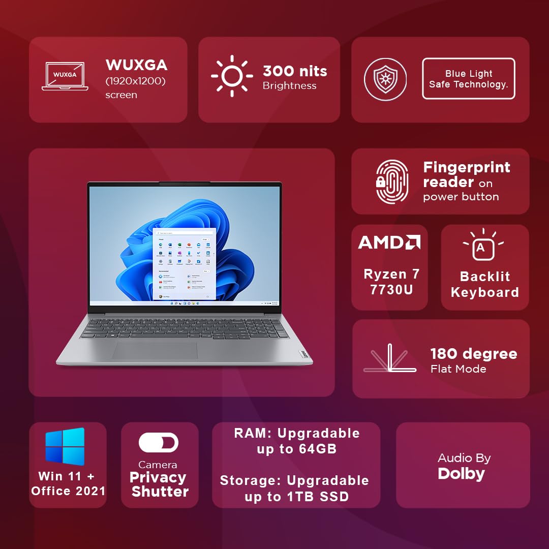Lenovo Thinkbook 16 AMD Ryzen 7 16" WUXGA IPS Antiglare 300 NITS Thin and Light Laptop (16GB Ram/512GB SSD/Windows 11 Home/Fpr/Office 2021/Arctic Grey/1 Year Onsite/1.7 Kg), 21KKA0G1IN 