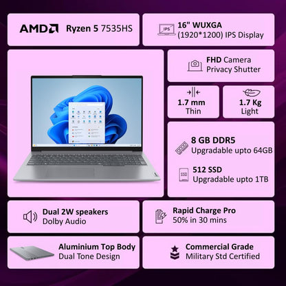 Lenovo ThinkBook 16 Silver Ryzen 5 7535HS Backlit Keyboard 