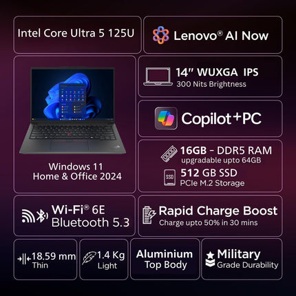 Lenovo ThinkPad E14 AI PC Intel Core Ultra 5 125U | Copilot Key | 16GB RAM | 512GB SSD | 14” WUXGA IPS 300 Nits | Win 11 + Office 2024 | Backlit | Fingerprint | 1.42 kg | 1Y Onsite | Black –21M7S0SJ00 