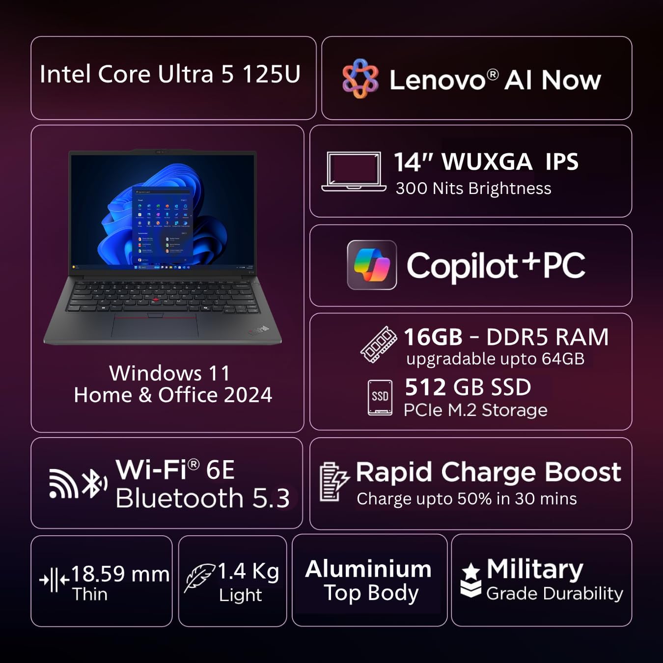 Lenovo ThinkPad E14 AI PC Intel Core Ultra 5 125U | Copilot Key | 16GB RAM | 512GB SSD | 14” WUXGA IPS 300 Nits | Win 11 + Office 2024 | Backlit | Fingerprint | 1.42 kg | 1Y Onsite | Black –21M7S0SJ00 