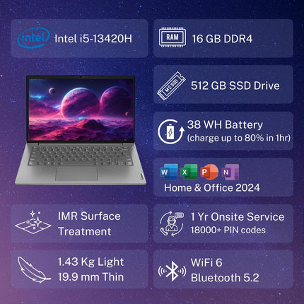 Lenovo V14 Intel Core i5 13th Gen 14" FHD (1920x1080) Antiglare 250 Nits Thin and Light Laptop (16GB RAM/512GB SSD/Windows 11 Home/Office 2024/Iron Grey/1.43 kg), 83A0A0PTIN 