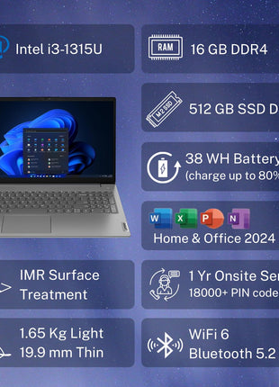 Lenovo V15 Intel Core i3 13th Gen (16GB RAM/512GB SSD/Windows 11 Home/Office 2024/Iron Grey) 15.6" FHD (1920x1080) Antiglare 250 Nits Thin & Light Laptop/1Y Onsite/1.65 kg, 83CCA08KIN 