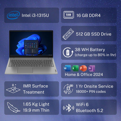 Lenovo V15 Intel Core i3 13th Gen (16GB RAM/512GB SSD/Windows 11 Home/Office 2024/Iron Grey) 15.6" FHD (1920x1080) Antiglare 250 Nits Thin & Light Laptop/1Y Onsite/1.65 kg, 83CCA08KIN 