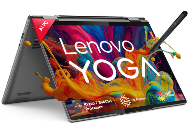 Lenovo Yoga 7 2-in-1 AMD Ryzen 7 8840HS 14"(35.5cm) WUXGA OLED 400Nits Convertible Laptop (16GB/1TB SSD/Windows 11/Office Home 2024/100% DCI-P3/Digital Pen/Grey/1.5Kg), 83DK009LIN 