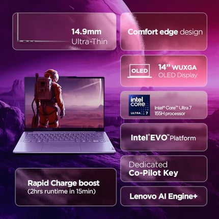 Lenovo Yoga Slim 7 2025 Intel Core Ultra 7 155H 14"(35.5cm) WUXGA-OLED 400Nits Laptop (16GB RAM/512GB SSD/AI PC/2Wx4 Speakers/Windows 11/Office Home 2024/1Yr ADP Free/Grey/1.39Kg), 83CV009XIN 