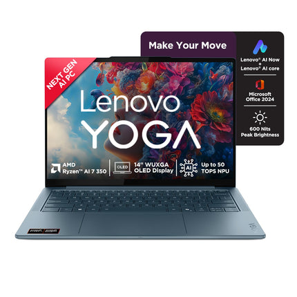 Lenovo Yoga Slim 7 AMD Ryzen AI 7 350, Copilot+ AI PC(32GB RAM/1TB SSD/14"(35.5cm)WUXGA OLED/AI Now/50 TOPS/Windows 11/Office Home 2024/Backlit Keyboard/1Yr ADP Free/Teal/1.19Kg), 83JY000UIN AI Laptop 