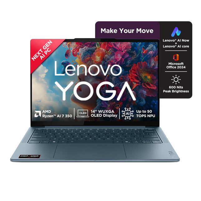 Lenovo Yoga Slim 7 AMD Ryzen AI 7 350, Copilot+ AI PC(32GB RAM/1TB SSD/14"(35.5cm)WUXGA OLED/AI Now/50 TOPS/Windows 11/Office Home 2024/Backlit Keyboard/1Yr ADP Free/Teal/1.19Kg), 83JY000UIN AI Laptop 