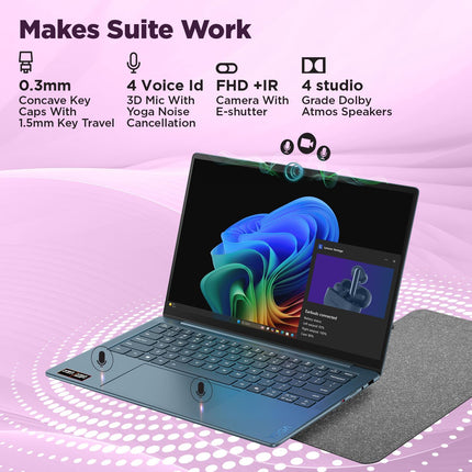 Lenovo Yoga Slim 7 AMD Ryzen AI 7 350, Copilot+ AI PC(32GB RAM/1TB SSD/14"(35.5cm)WUXGA OLED/AI Now/50 TOPS/Windows 11/Office Home 2024/Backlit Keyboard/1Yr ADP Free/Teal/1.19Kg), 83JY000UIN AI Laptop 