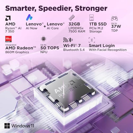 Lenovo Yoga Slim 7 AMD Ryzen AI 7 350, Copilot+ AI PC(32GB RAM/1TB SSD/14"(35.5cm)WUXGA OLED/AI Now/50 TOPS/Windows 11/Office Home 2024/Backlit Keyboard/1Yr ADP Free/Teal/1.19Kg), 83JY000UIN AI Laptop 