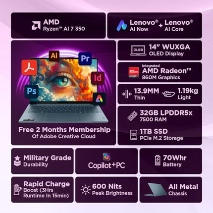 Lenovo Yoga Slim 7 AMD Ryzen AI 7 350, Copilot+ AI PC(32GB RAM/1TB SSD/14"(35.5cm)WUXGA OLED/AI Now/50 TOPS/Windows 11/Office Home 2024/Backlit Keyboard/1Yr ADP Free/Teal/1.19Kg), 83JY000UIN AI Laptop 
