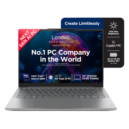 Lenovo Yoga Slim 7 Aura Edition Intel Core Ultra 5 228V,Copilot+ AI PC(32GB RAM/1TB SSD/14(35.5cm) WUXGA OLED AI Now/40 Tops/Windows 11/Office Home 2024/1Yr ADP/Grey/1.19Kg), 83JX001LIN AI Laptop 