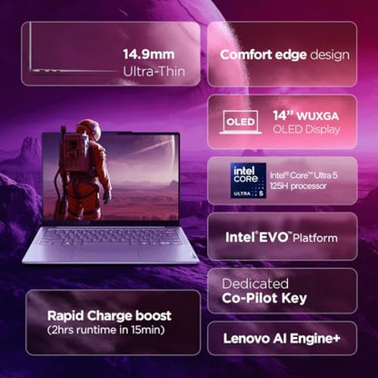 Lenovo Yoga Slim 7, Intel Core Ultra 5 125H, 16GB RAM, 512GB SSD, WUXGA-OLED 14"(35.5cm), Windows 11, Office Home 2024, Grey, 1.39Kg, 83CV0085IN, 400Nits, 2Wx4 Speakers, 1Yr ADP Free, AI PC 