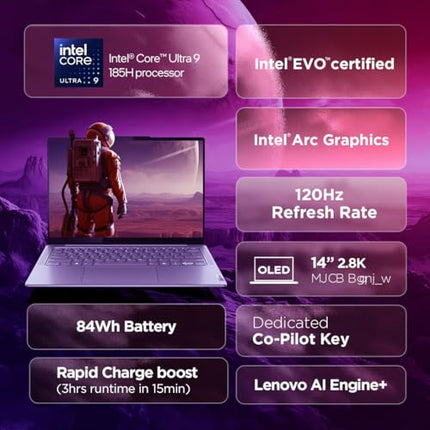 Lenovo Yoga Slim 7 (Smartchoice) Intel Core Ultra 9 185H 14"(35.5cm) WUXGA-OLED Laptop (32GB RAM/1TB SSD/AI PC/Windows 11/Microsoft 365 Basic + Office Home 2024/1Yr ADP Free/Grey/1.39Kg), 83CV00B3IN 