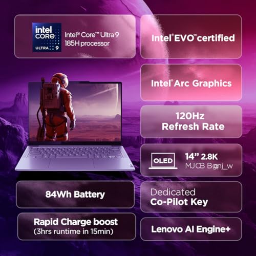 Lenovo Yoga Slim 7 (Smartchoice) Intel Core Ultra 9 185H 14"(35.5cm) WUXGA-OLED Laptop (32GB RAM/1TB SSD/AI PC/Windows 11/Microsoft 365 Basic + Office Home 2024/1Yr ADP Free/Grey/1.39Kg), 83CV00B3IN 