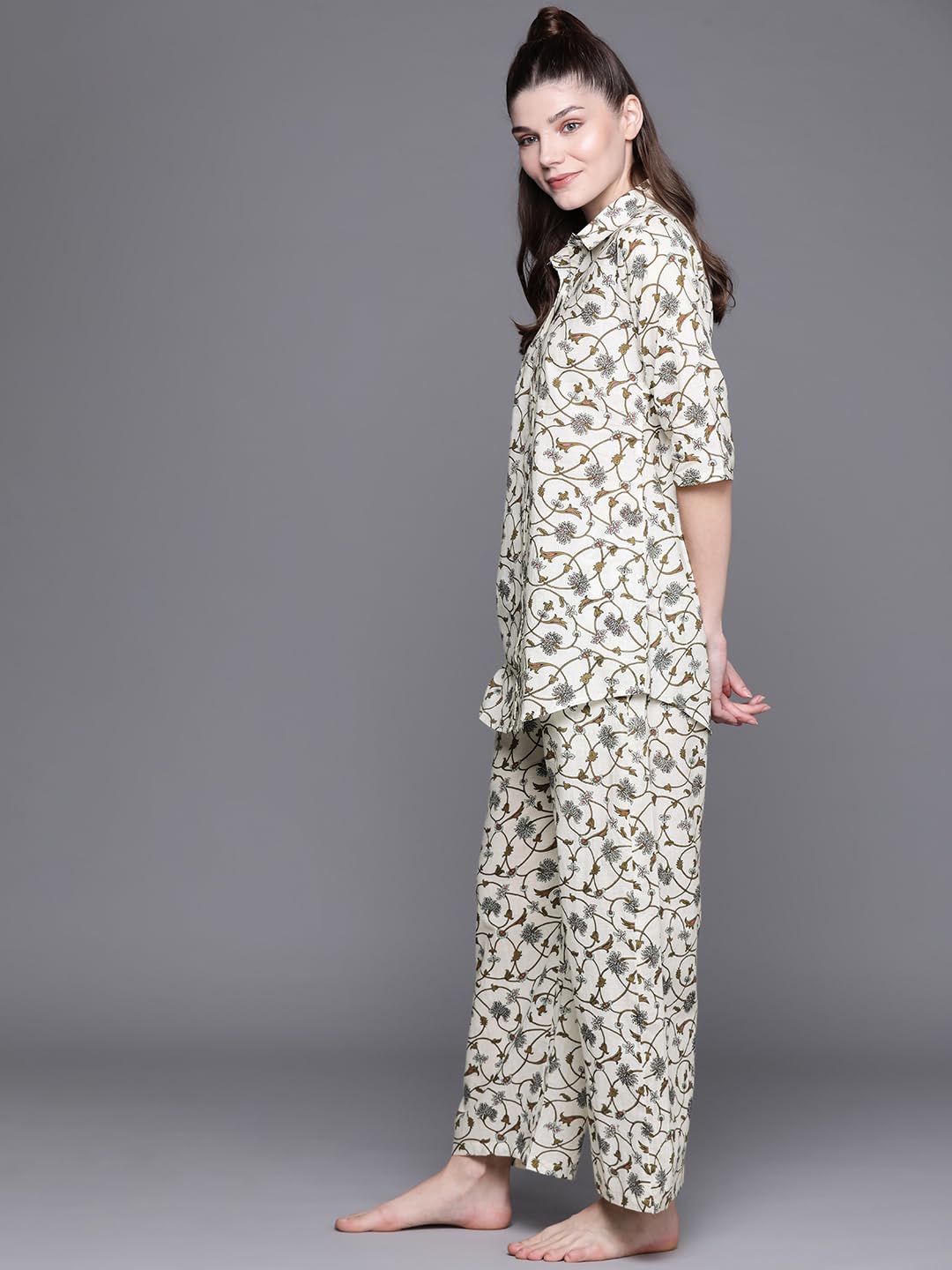 Libas White Printed Cotton Night Suit 