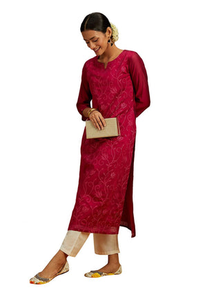 Libas Women's Chanderi Silk Embroidered Straight Kurta (58009_Hot Pink 