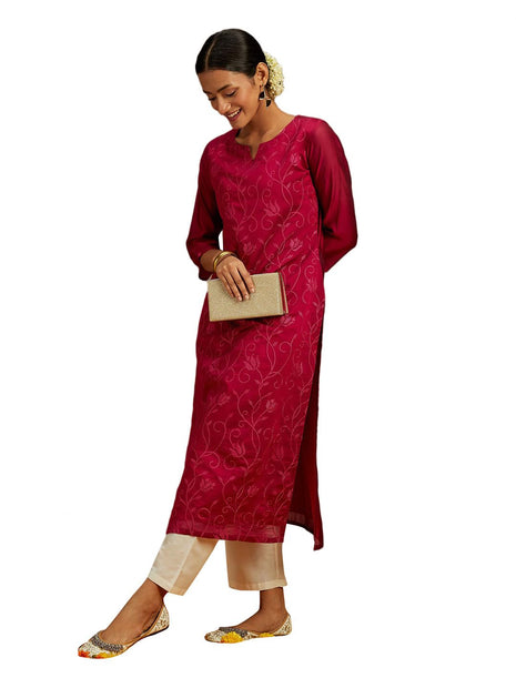 Libas Women's Chanderi Silk Embroidered Straight Kurta (58009_Hot Pink 