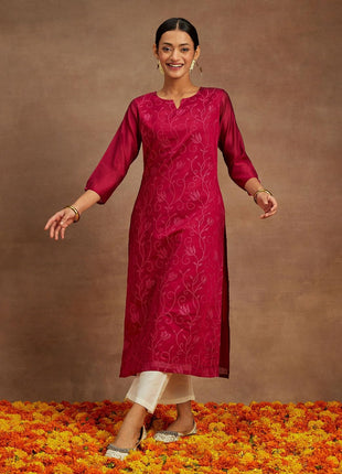 Libas Women's Chanderi Silk Embroidered Straight Kurta (58009_Hot Pink 