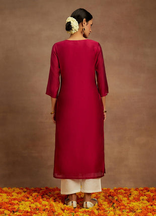 Libas Women's Chanderi Silk Embroidered Straight Kurta (58009_Hot Pink 