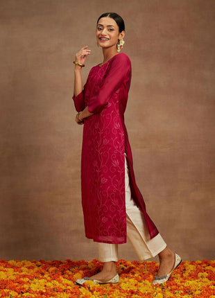 Libas Women's Chanderi Silk Embroidered Straight Kurta (58009_Hot Pink 