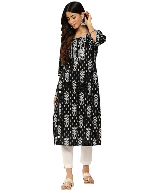 Libas Women's Cotton Embellished Straight Kurta (26185_Black 