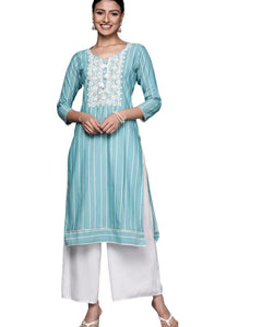 Libas Women's Cotton Yoke Design Straight Kurta (23637O_Blue 