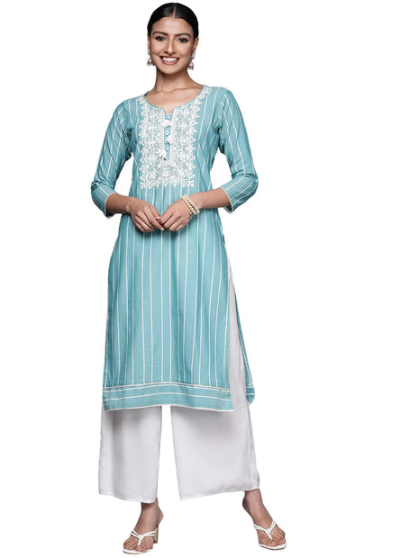 Libas Women's Cotton Yoke Design Straight Kurta (23637O_Blue 
