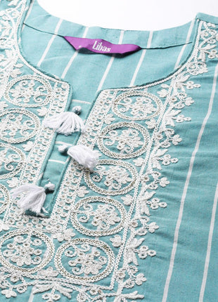 Libas Women's Cotton Yoke Design Straight Kurta (23637O_Blue 