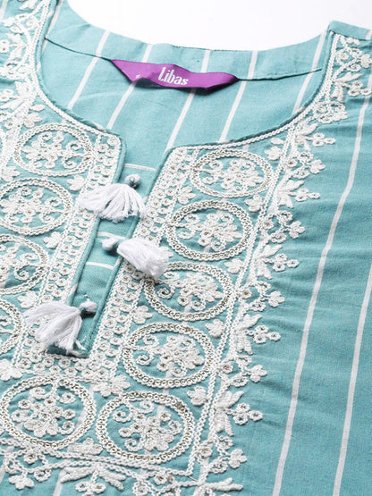 Libas Women's Cotton Yoke Design Straight Kurta (23637O_Blue 