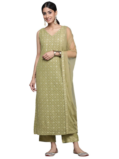 Libas Women's Georgette Kurta Sets (34472_Olive 