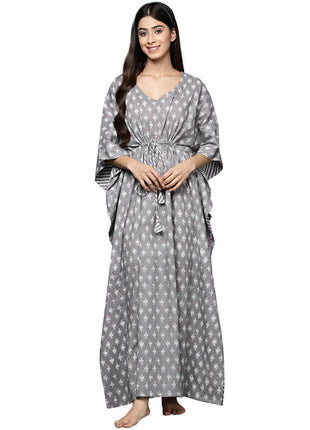 Libas Women's Grey Printed Cotton Long Night Dress 