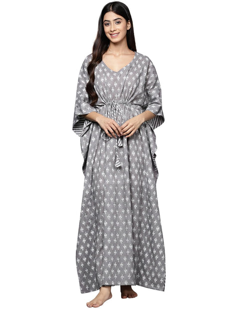 Libas Women's Grey Printed Cotton Long Night Dress 