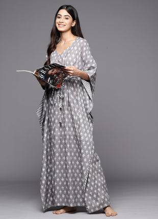 Libas Women's Grey Printed Cotton Long Night Dress 