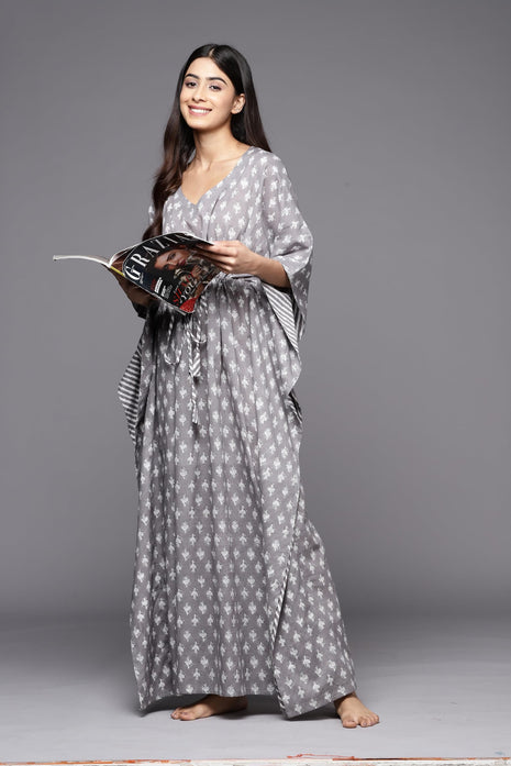 Libas Women's Grey Printed Cotton Long Night Dress 