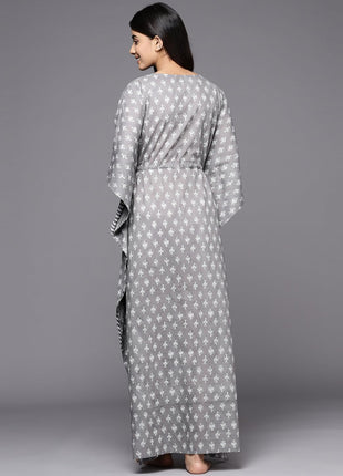 Libas Women's Grey Printed Cotton Long Night Dress 