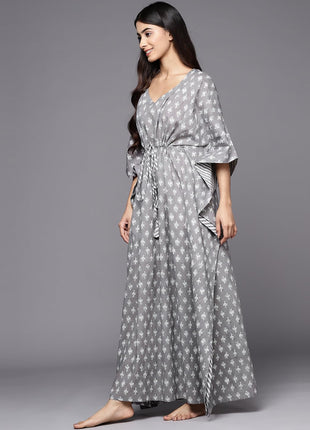 Libas Women's Grey Printed Cotton Long Night Dress 