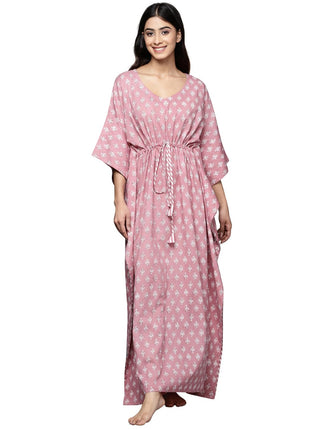 Libas Women's Mauve Printed Cotton Long Night Dress 