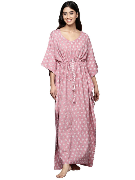 Libas Women's Mauve Printed Cotton Long Night Dress 