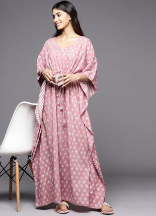Libas Women's Mauve Printed Cotton Long Night Dress 