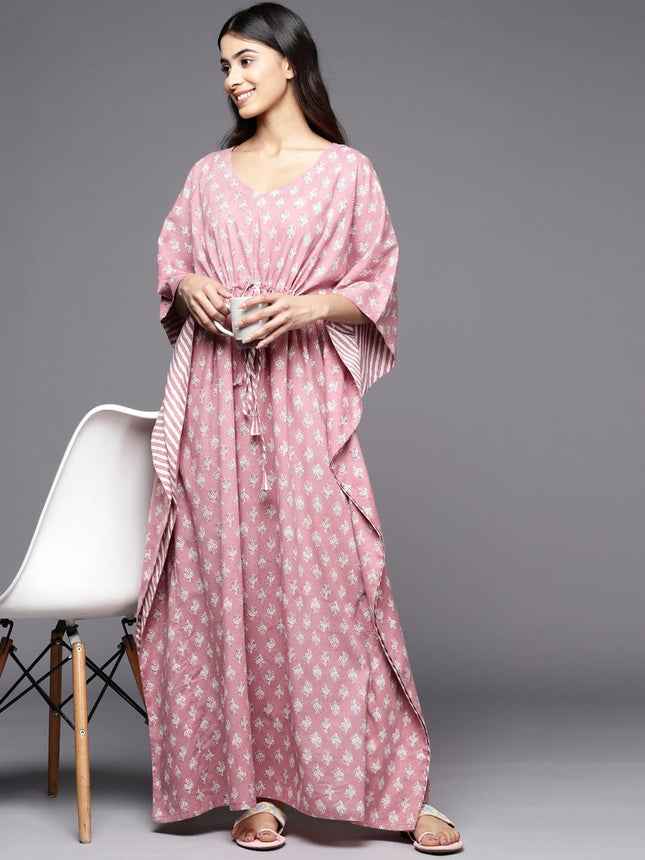 Libas Women's Mauve Printed Cotton Long Night Dress 