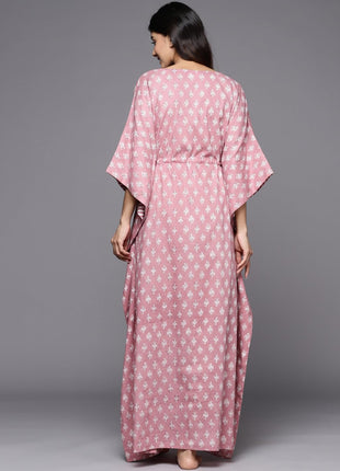 Libas Women's Mauve Printed Cotton Long Night Dress 