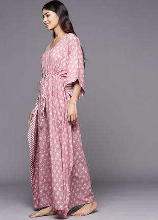 Libas Women's Mauve Printed Cotton Long Night Dress 