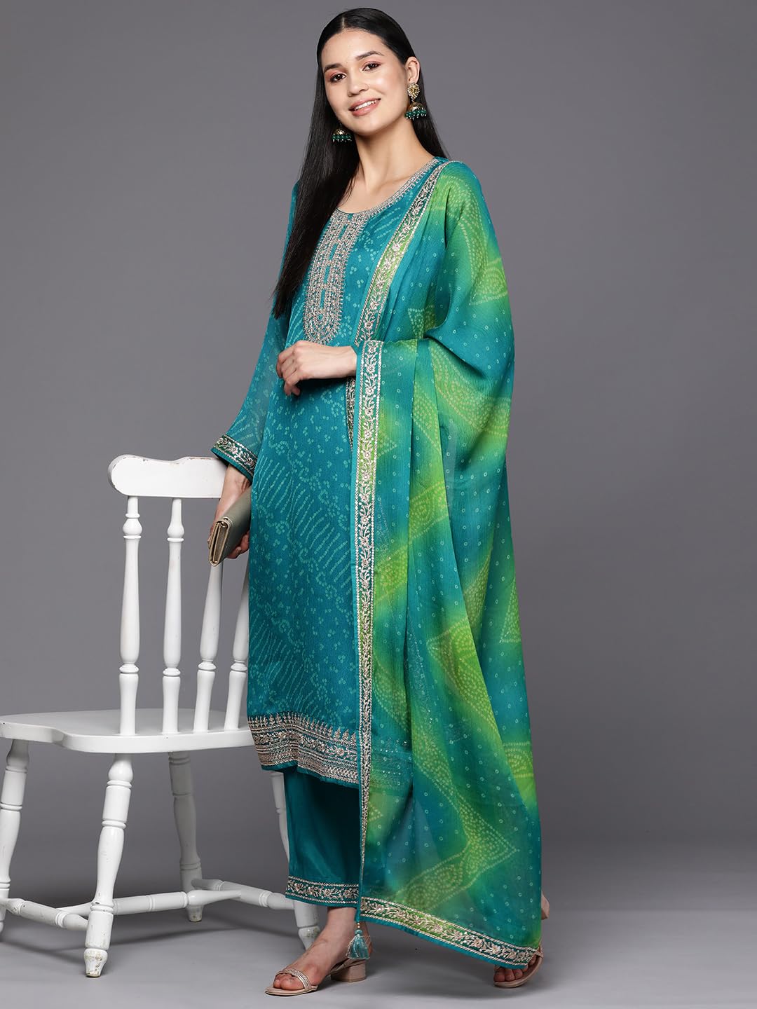 Libas Women's Poly Chiffon Kurta Sets (38126O_Turquoise Blue 