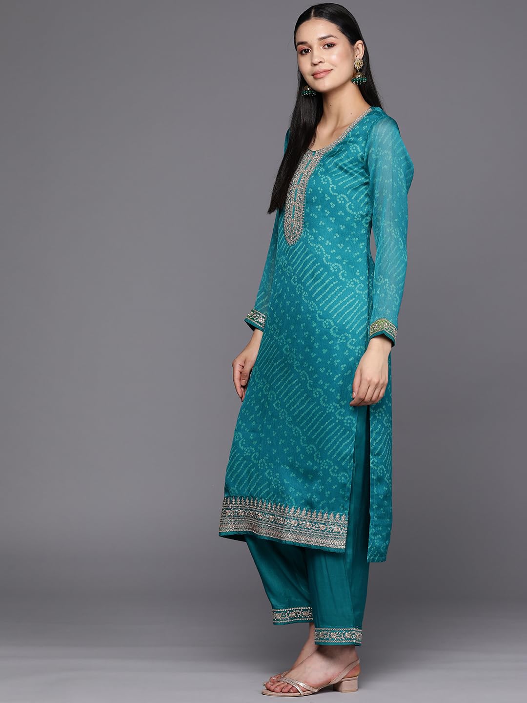 Libas Women's Poly Chiffon Kurta Sets (38126O_Turquoise Blue 