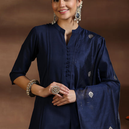 Libas Women's Silk Blend Kurta Set (39041_Navy Blue 