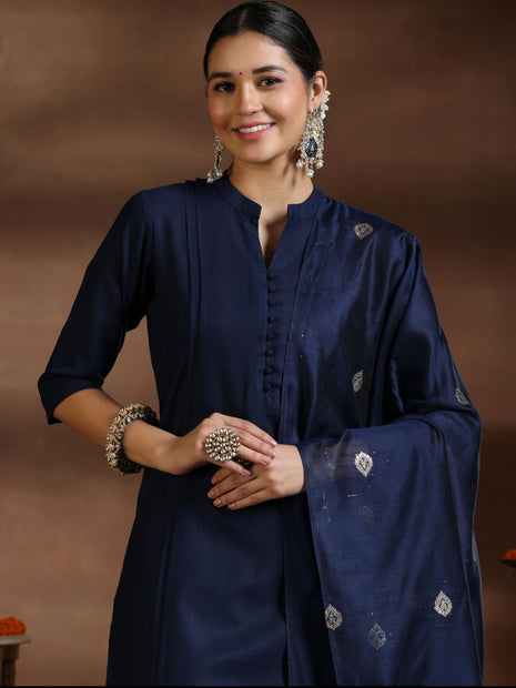 Libas Women's Silk Blend Kurta Set (39041_Navy Blue 