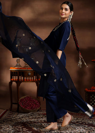 Libas Women's Silk Blend Kurta Set (39041_Navy Blue 