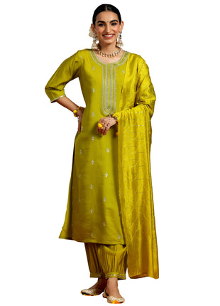 Libas Women's Silk Blend Kurta Set (GS948_Lime Green 